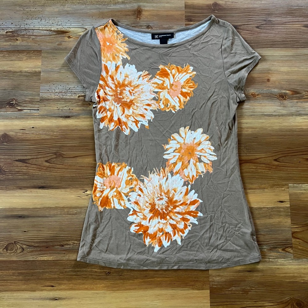 INC International Concepts Women Medium Petite MP Brown Orange Y2K Floral Top - Picture 8 of 8